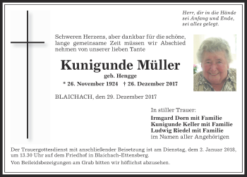 Traueranzeige von Kunigunde Müller von Allgäuer Anzeigeblatt