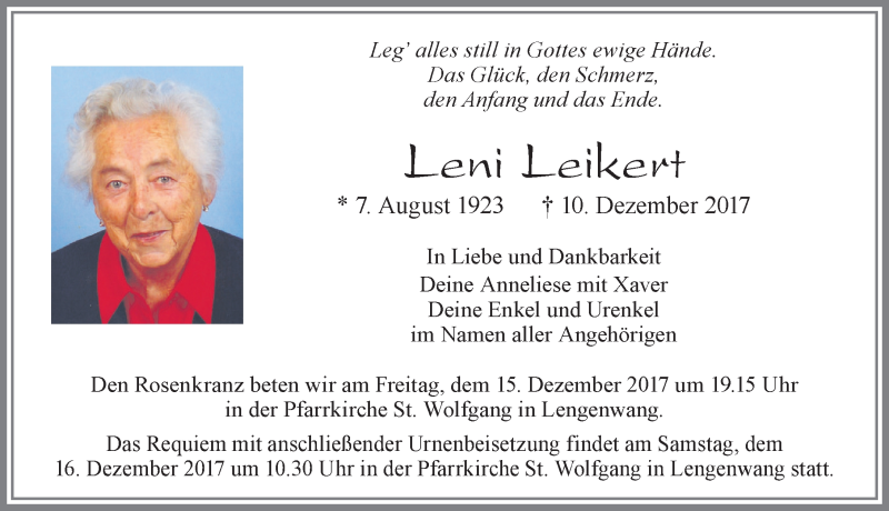  Traueranzeige für Leni Leikert vom 14.12.2017 aus Allgäuer Zeitung