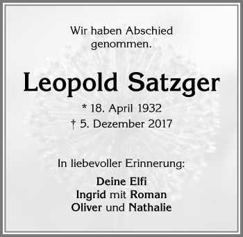 Traueranzeige von Leopold Satzger von Allgäuer Zeitung,Kempten