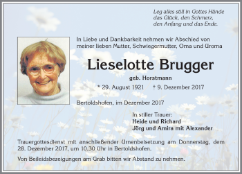 Traueranzeige von Lieselotte Brugger von Allgäuer Zeitung, Marktoberdorf