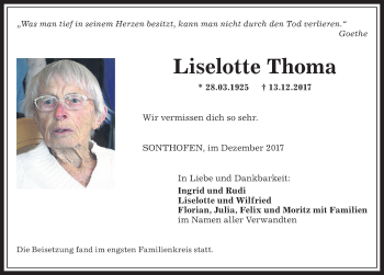Traueranzeige von Liselotte Thoma von Allgäuer Anzeigeblatt