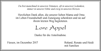 Traueranzeige von Lore Appel von Allgäuer Zeitung, Füssen