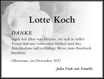 Traueranzeige von Lotte Koch von Der Westallgäuer