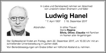 Traueranzeige von Ludwig Hanel von Memminger Zeitung