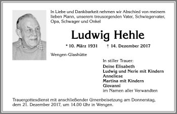 Traueranzeige von Ludwig Hehle von Allgäuer Zeitung,Kempten
