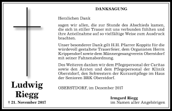 Traueranzeige von Ludwig Riegg von Allgäuer Anzeigeblatt