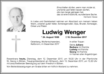Traueranzeige von Ludwig Wenger von Memminger Zeitung