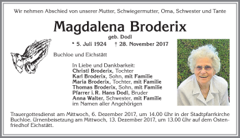 Traueranzeige von Magdalena Broderix von Allgäuer Zeitung, Kaufbeuren/Buchloe