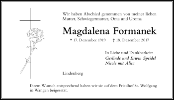 Traueranzeige von Magdalena Formanek von Der Westallgäuer
