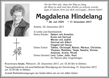 Traueranzeige von Magdalena Hindelang von Allgäuer Zeitung, Marktoberdorf