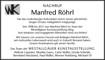 Traueranzeige von Manfred Röhrl von Der Westallgäuer