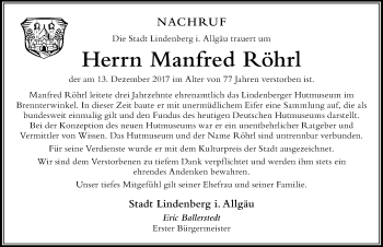 Traueranzeige von Manfred Röhrl von Der Westallgäuer