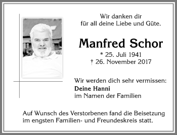 Traueranzeige von Manfred Schor von Allgäuer Zeitung,Kempten