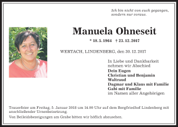 Traueranzeige von Manuela Ohneseit von Allgäuer Anzeigeblatt