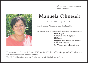 Traueranzeige von Manuela Ohneseit von Der Westallgäuer