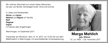 Traueranzeige von Marga Mehlich von Memminger Zeitung