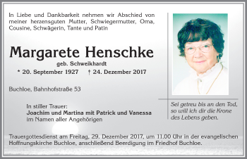 Traueranzeige von Margarete Henschke von Allgäuer Zeitung, Kaufbeuren/Buchloe