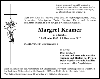Traueranzeige von Margret Kramer von Allgäuer Anzeigeblatt