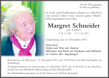 Traueranzeige von Margret Schneider von Der Westallgäuer