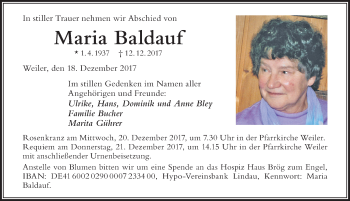 Traueranzeige von Maria Baldauf von Der Westallgäuer