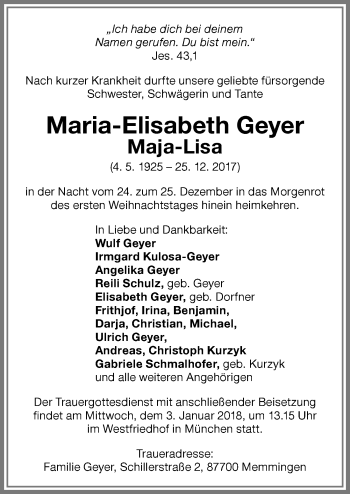 Traueranzeige von Maria-Elisabeth Geyer von Memminger Zeitung