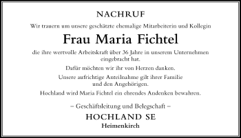 Traueranzeige von Maria Fichtel von Der Westallgäuer