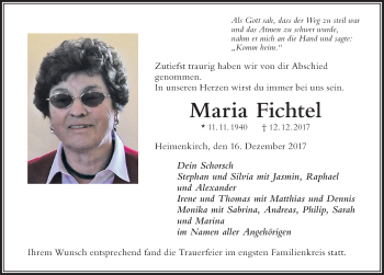 Traueranzeige von Maria Fichtel von Der Westallgäuer