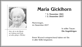 Traueranzeige von Maria Gicklhorn von Memminger Zeitung