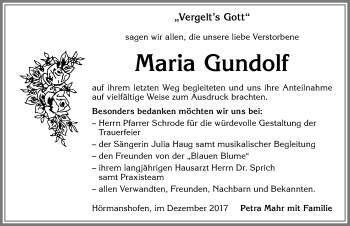 Traueranzeige von Maria Gundolf von Allgäuer Zeitung