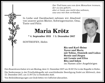 Traueranzeige von Maria Krötz von Allgäuer Anzeigeblatt