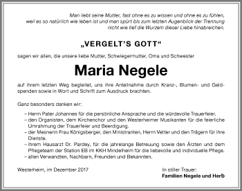 Traueranzeige von Maria Negele von Memminger Zeitung