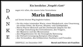 Traueranzeige von Maria Rimmel von Allgäuer Anzeigeblatt