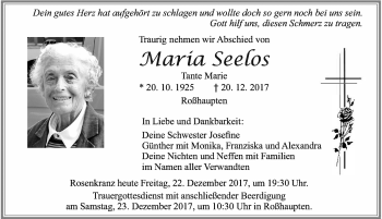 Traueranzeige von Maria Seelos von Allgäuer Zeitung, Füssen