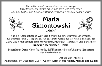 Traueranzeige von Maria Simontowski von Allgäuer Zeitung, Kaufbeuren/Buchloe