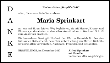 Traueranzeige von Maria Sprinkart von Allgäuer Anzeigeblatt
