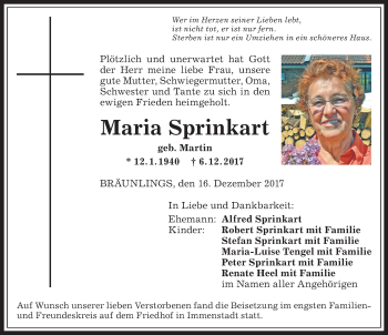 Traueranzeige von Maria Sprinkart von Allgäuer Anzeigeblatt