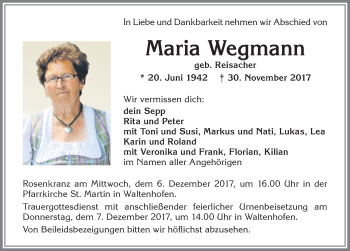 Traueranzeige von Maria Wegmann von Allgäuer Zeitung,Kempten