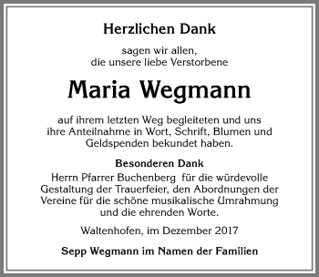 Traueranzeige von Maria Wegmann von Allgäuer Zeitung,Kempten