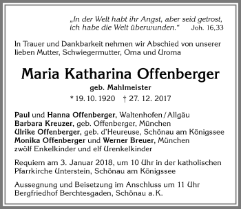 Traueranzeige von Maria Katharina Offenberger von Allgäuer Zeitung,Kempten