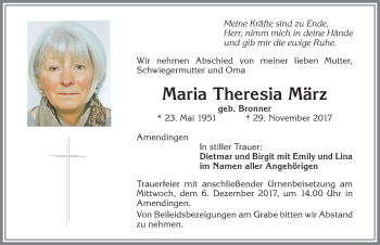 Traueranzeige von Maria Theresia März von Memminger Zeitung