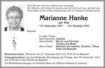 Traueranzeige von Marianne Hanke von Allgäuer Zeitung, Kaufbeuren/Buchloe
