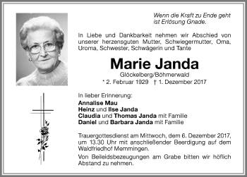 Traueranzeige von Marie Janda von Memminger Zeitung