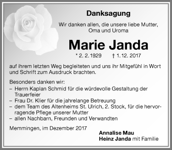 Traueranzeige von Marie Janda von Memminger Zeitung