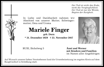 Traueranzeige von Mariele Finger von Allgäuer Anzeigeblatt