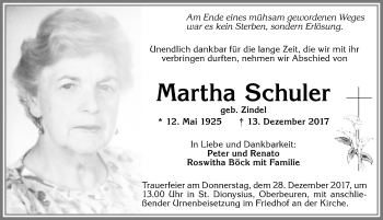 Traueranzeige von Martha Schuler von Allgäuer Zeitung, Kaufbeuren/Buchloe