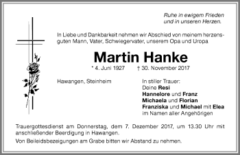 Traueranzeige von Martin Hanke von Memminger Zeitung