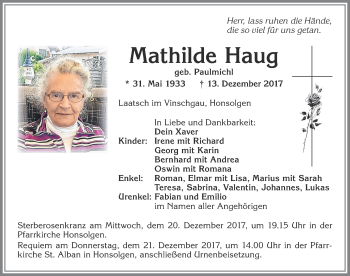 Traueranzeige von Mathilde Haug von Allgäuer Zeitung, Kaufbeuren/Buchloe