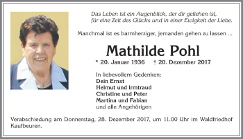 Traueranzeige von Mathilde Pohl von Allgäuer Zeitung, Kaufbeuren/Buchloe