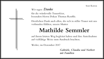 Traueranzeige von Mathilde Semmler von Der Westallgäuer