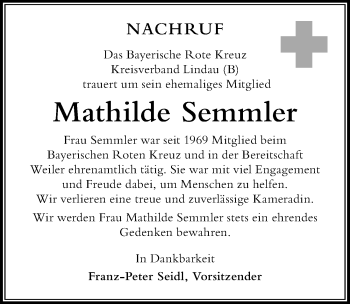Traueranzeige von Mathilde Semmler von Der Westallgäuer